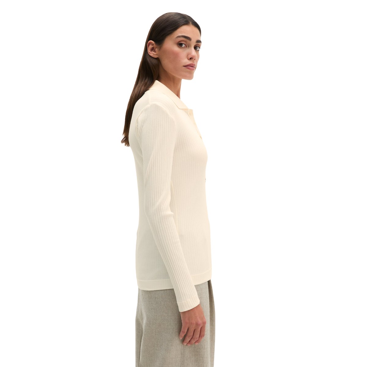 Polo côtelé à manches longues slim en jersey stretch coton modal bio blanc, MARC O'POLO