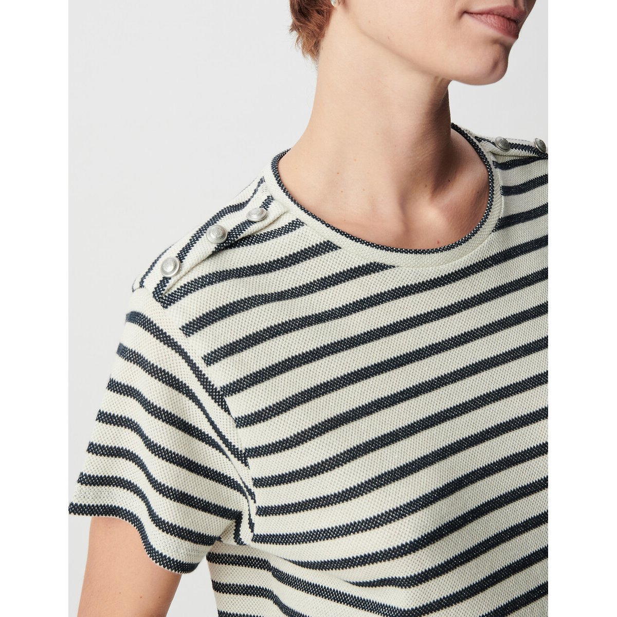 T-shirt rayé col rond manches courtes à boutons aux épaules marine, IKKS