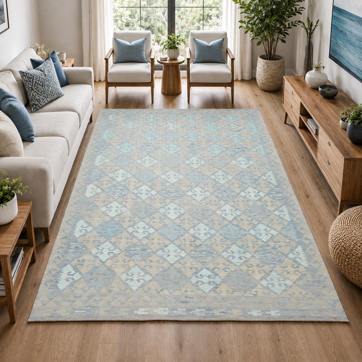 Tapis kilim au motif géométrique, tissé plat en laine, KILIM 55 bleu, beige, gris, UN AMOUR DE TAPIS