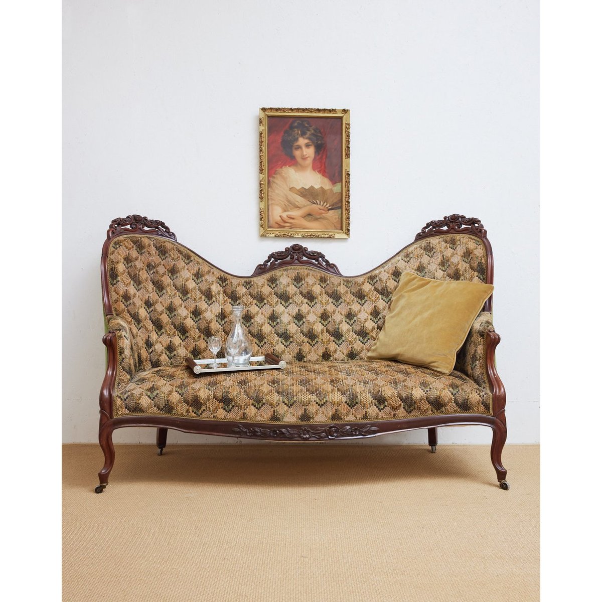 Banquette double en tissu Martine N°63 - Bon état bois foncé, DEBONGOUT