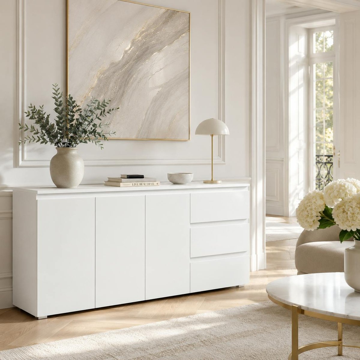 Buffet blanc moderne 3 portes 3 tiroirs ALVA blanc, PIER IMPORT