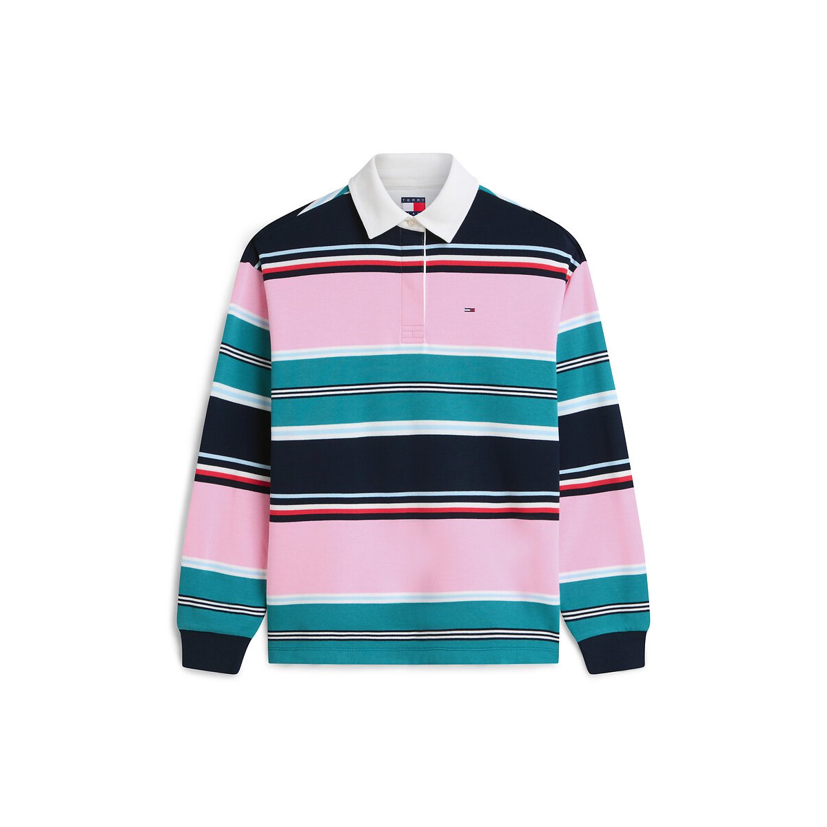 Polo à manches longues rugby rose/vert, TOMMY JEANS