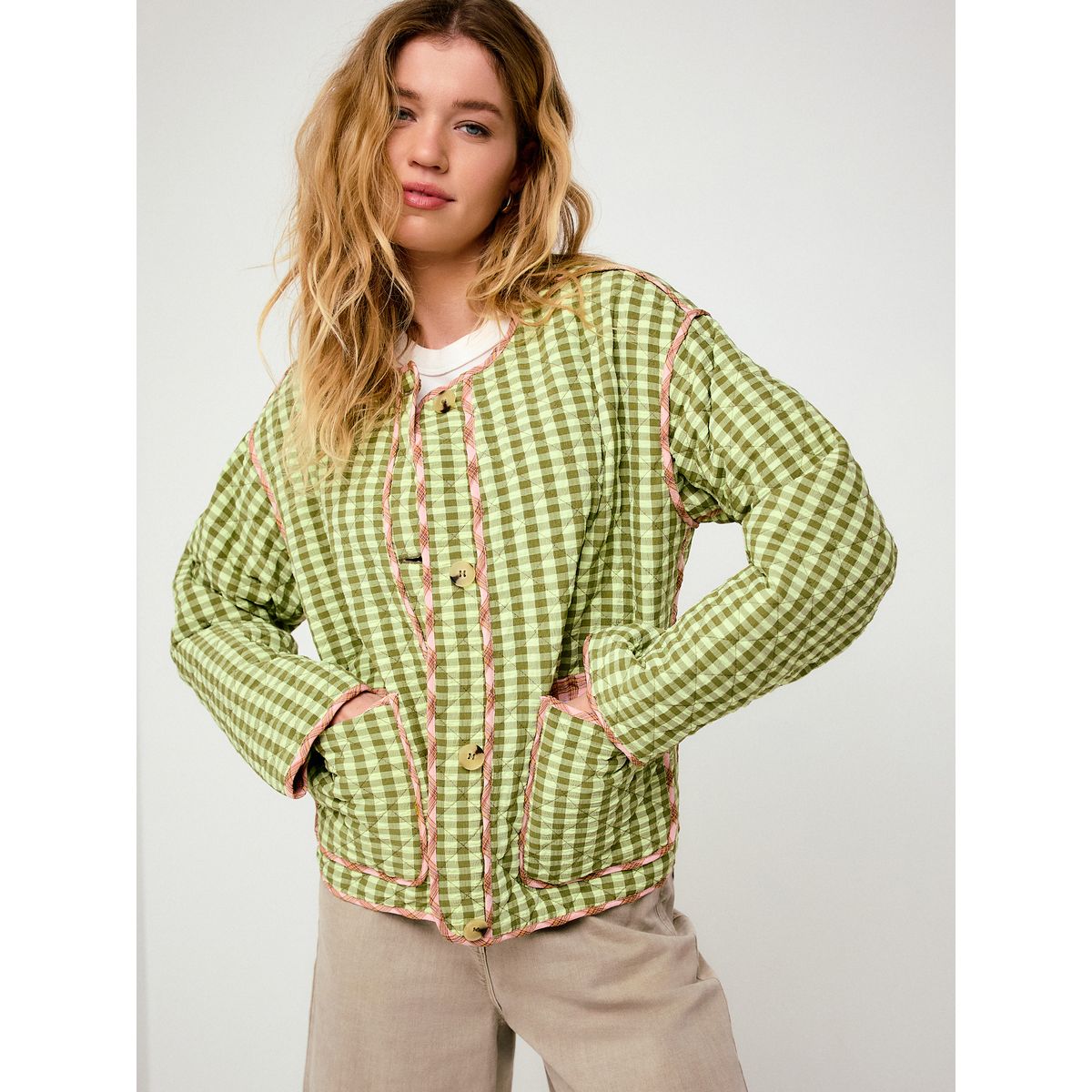 Veste matelassée à motif vichy réversible rose et vert, NEXT