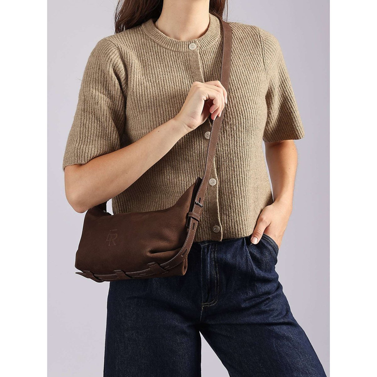 Sac bandoulière Cavalier nubuck cuir chocolat, ETRIER
