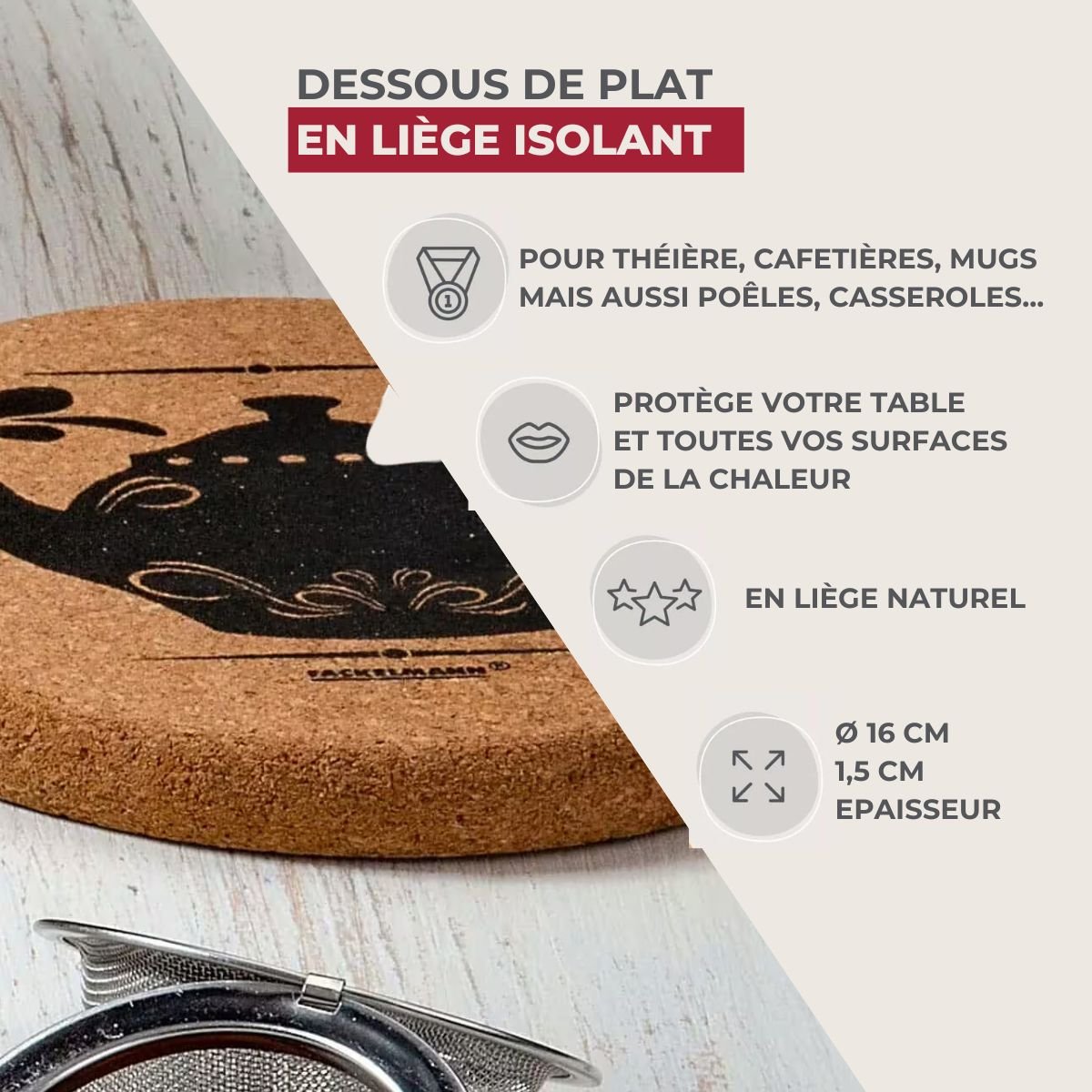 Dessous de plat pour théière en liège brun, FACKELMANN