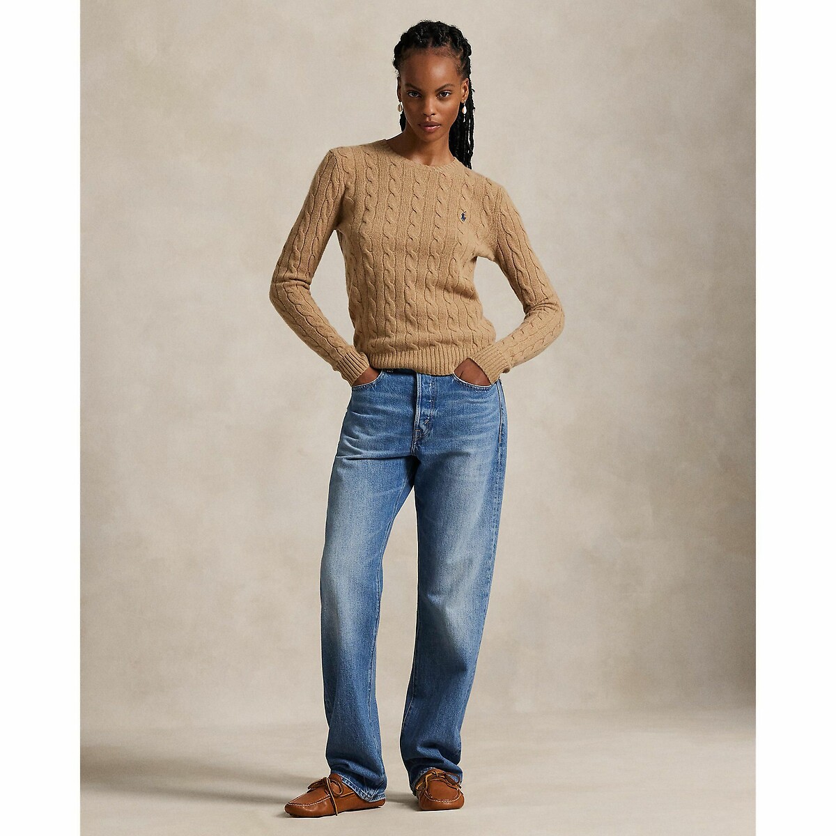 Pull col rond en maille torsadée, 80% laine 20% cachemire camel, POLO RALPH LAUREN