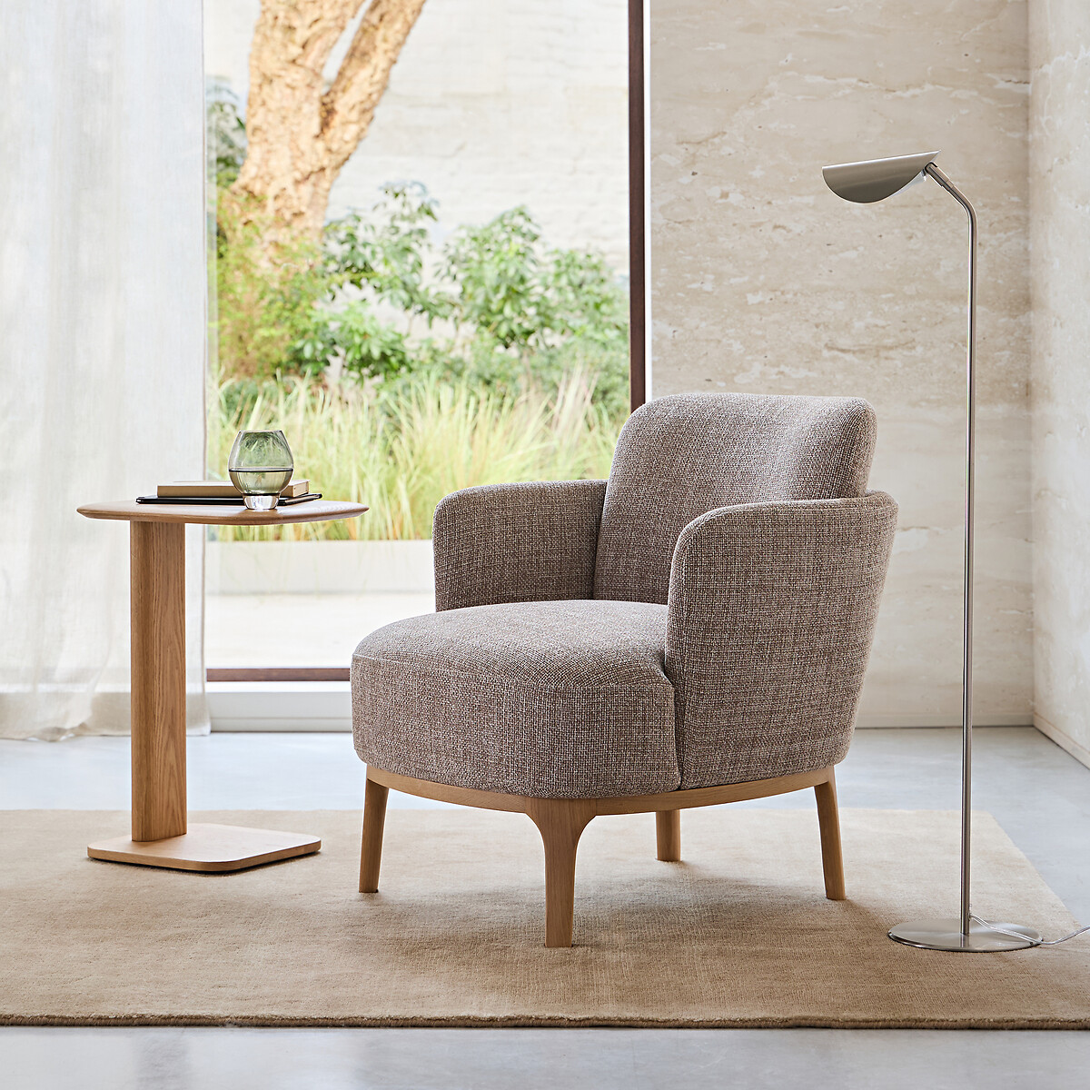 Fauteuil en tissu chiné et chêne massif, JABOTE marron glacé, AM.PM