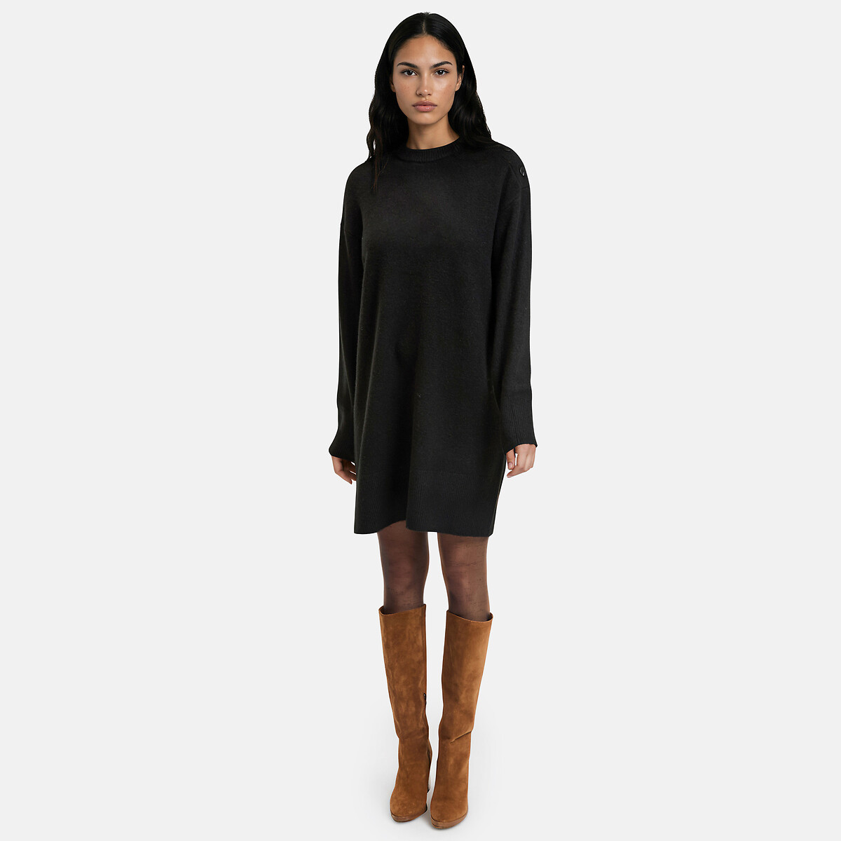 Vestido-jersey corto, cuello redondo, botones en los hombros negro, LA REDOUTE COLLECTIONS