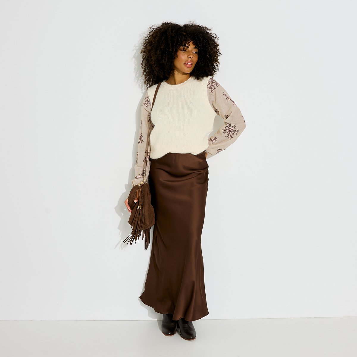 Pull bi-matière brodé beige, GRAIN DE MALICE