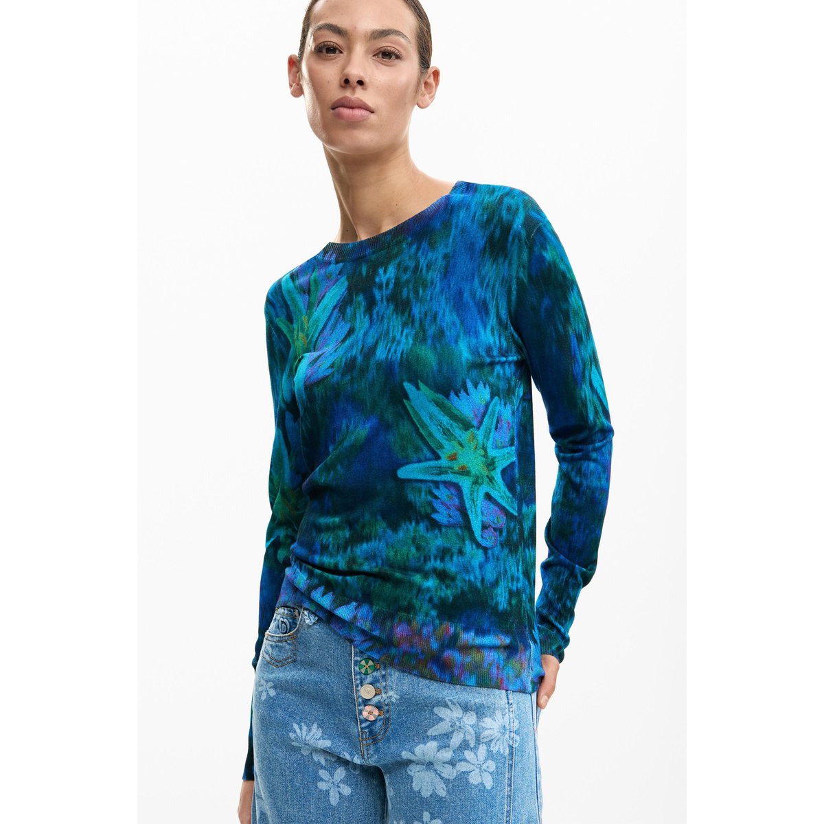 Pull fin jardin fleurs vert, DESIGUAL