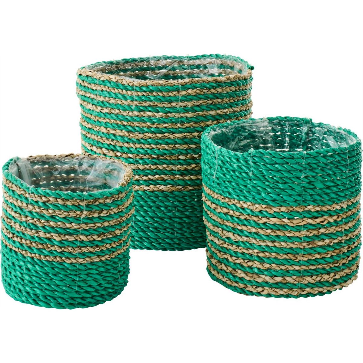 Set de 3 cache-pots en raphia tressé vert foncé et naturel, RECOLLECTION