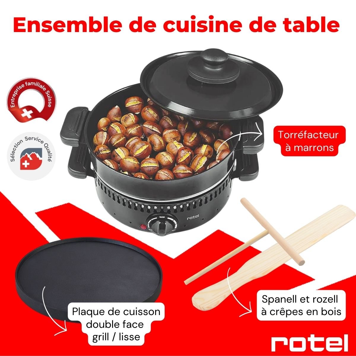 Torréfacteur à marrons, crêpière et grill électrique noir, ROTEL