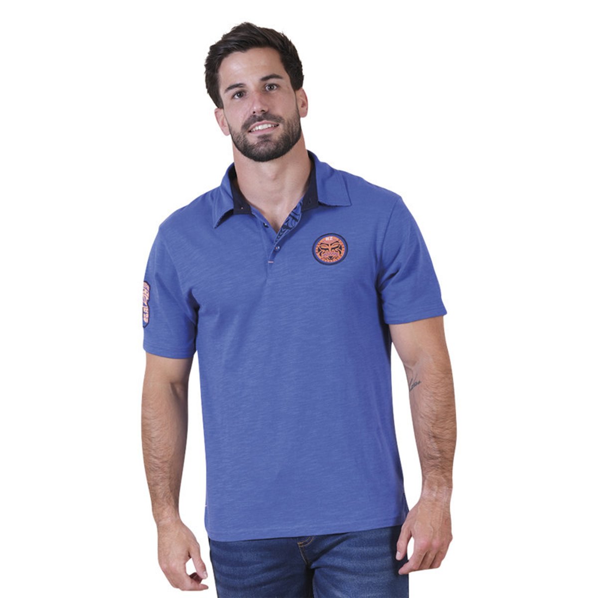 Polo en coton biologique bleu uni pourvu d'une coupe droite et d'un col boutonné bleu, RUCKFIELD