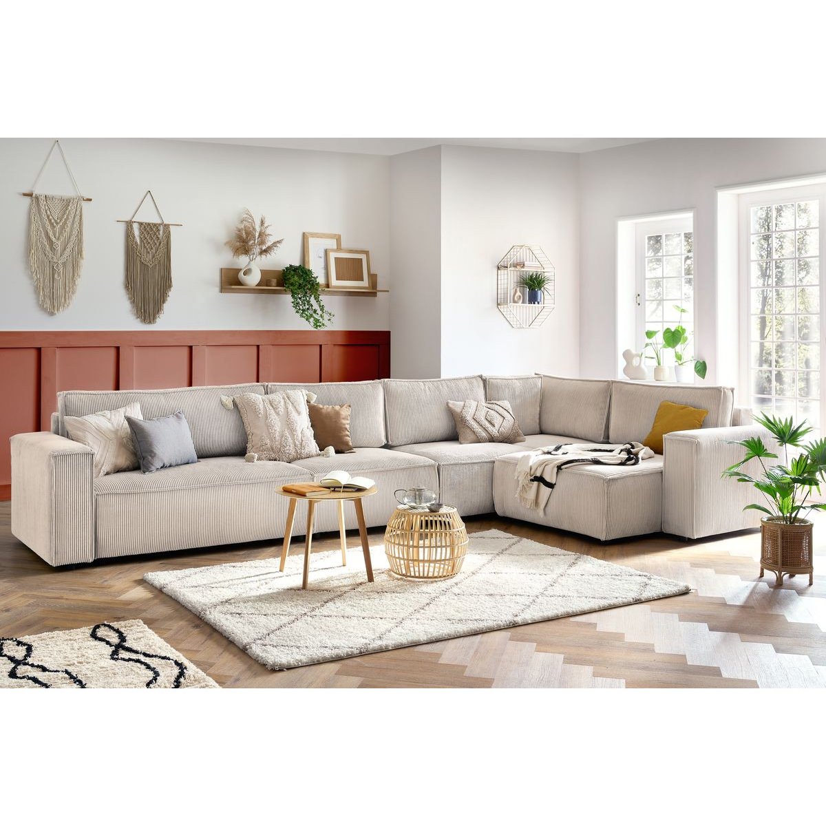 Canapé modulable 6 places en velours côtelé, NIHAD beige, BOBOCHIC