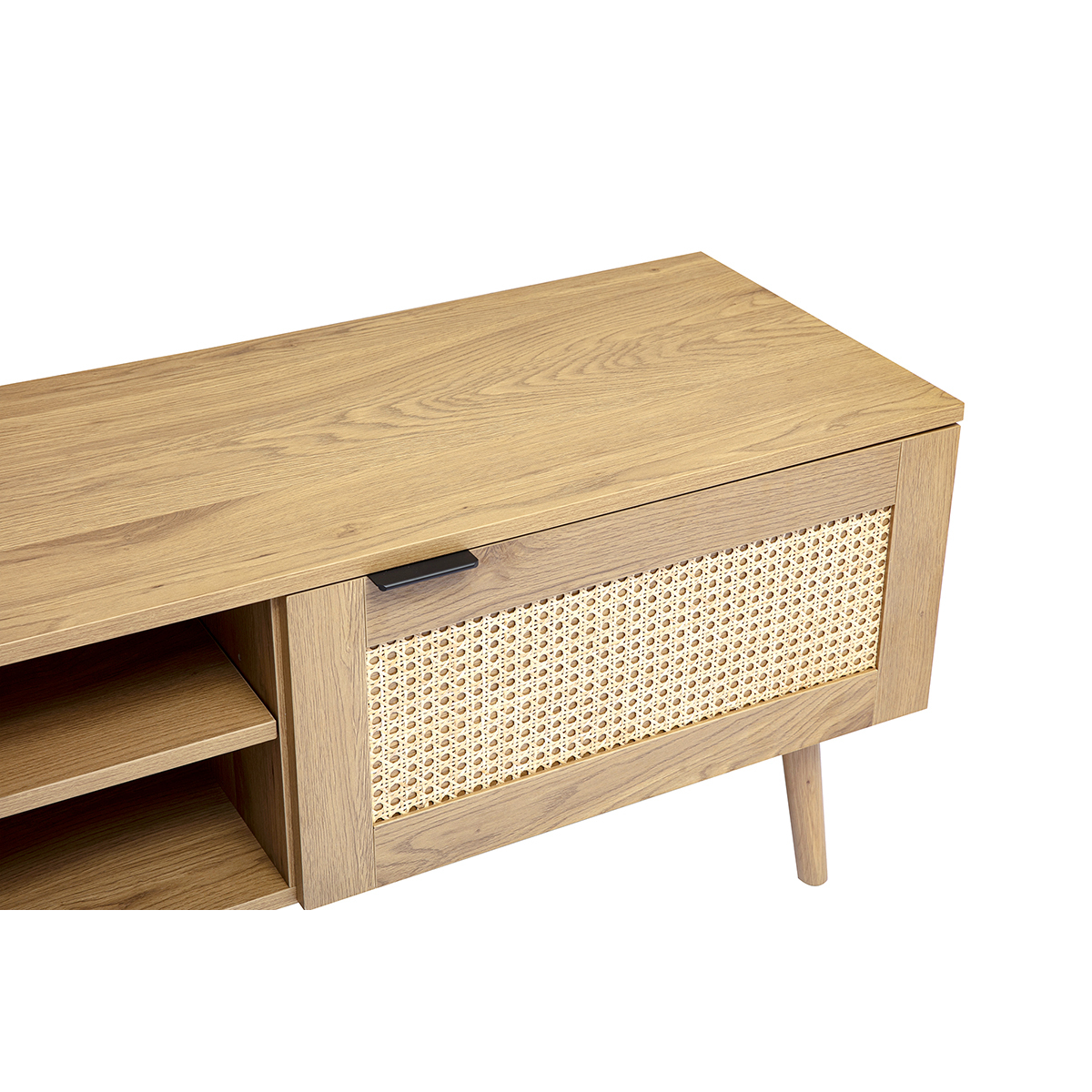 Meuble TV finition bois clair, cannage rotin et métal noir 2 portes L180 cm MANILLE marron, MILIBOO