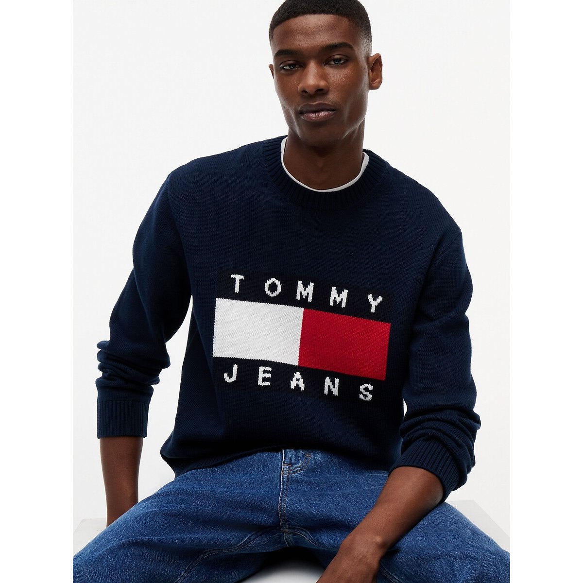 Camisola de gola redonda com logótipo marinho, TOMMY JEANS