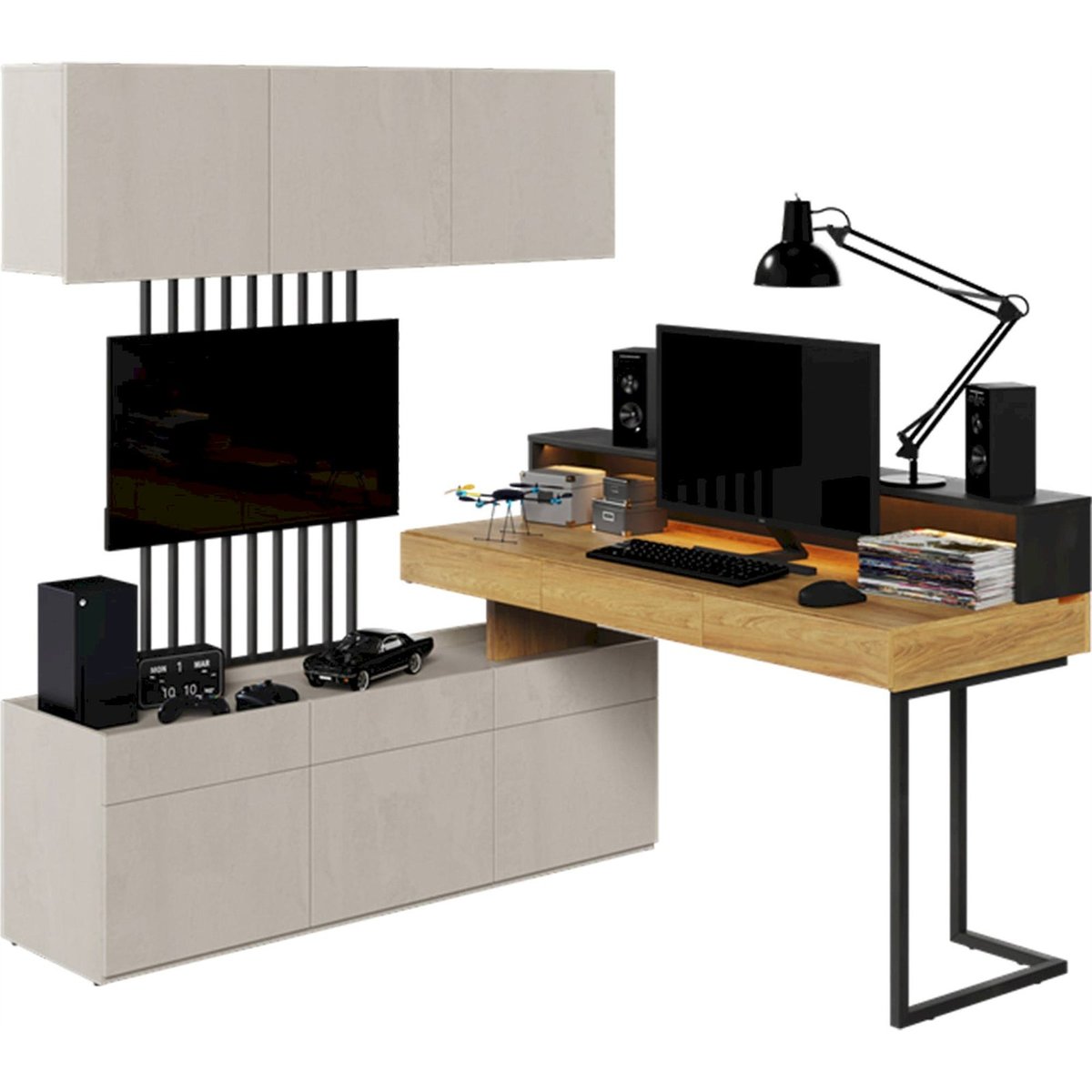 Bureau d'angle avec tiroirs collection TEEN FLEX hikora naturelle et raw steel, RECOLLECTION