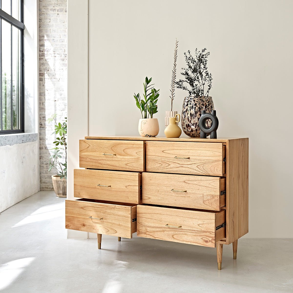 Commode en bois massif 130 cm 6 tiroirs  PIA naturel, BERAH GETAH