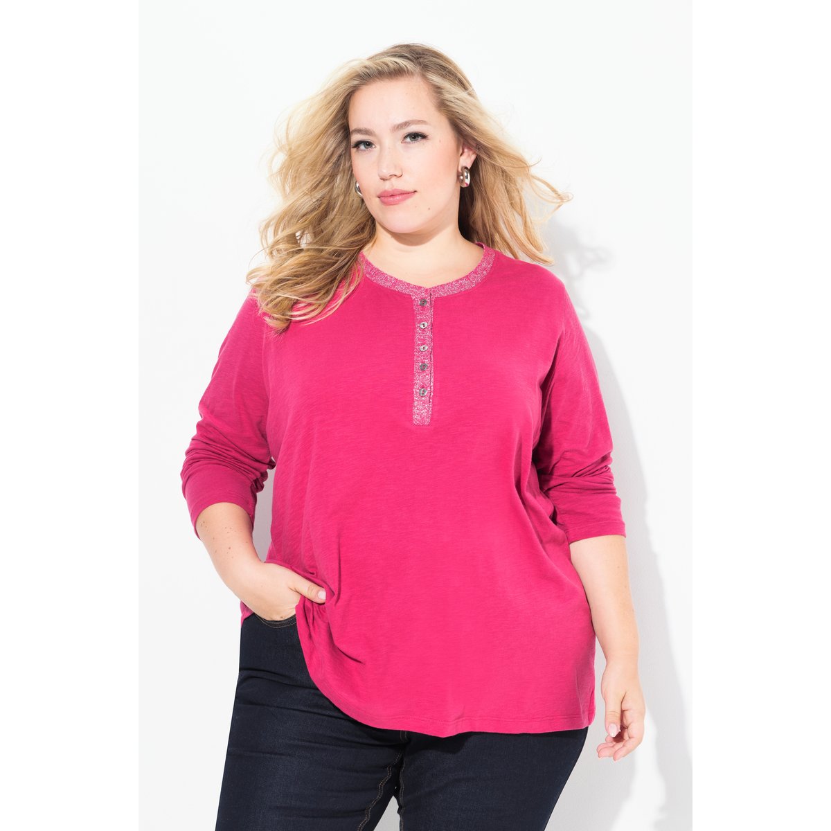 T-shirt encolure en V rose rouge, ULLA POPKEN