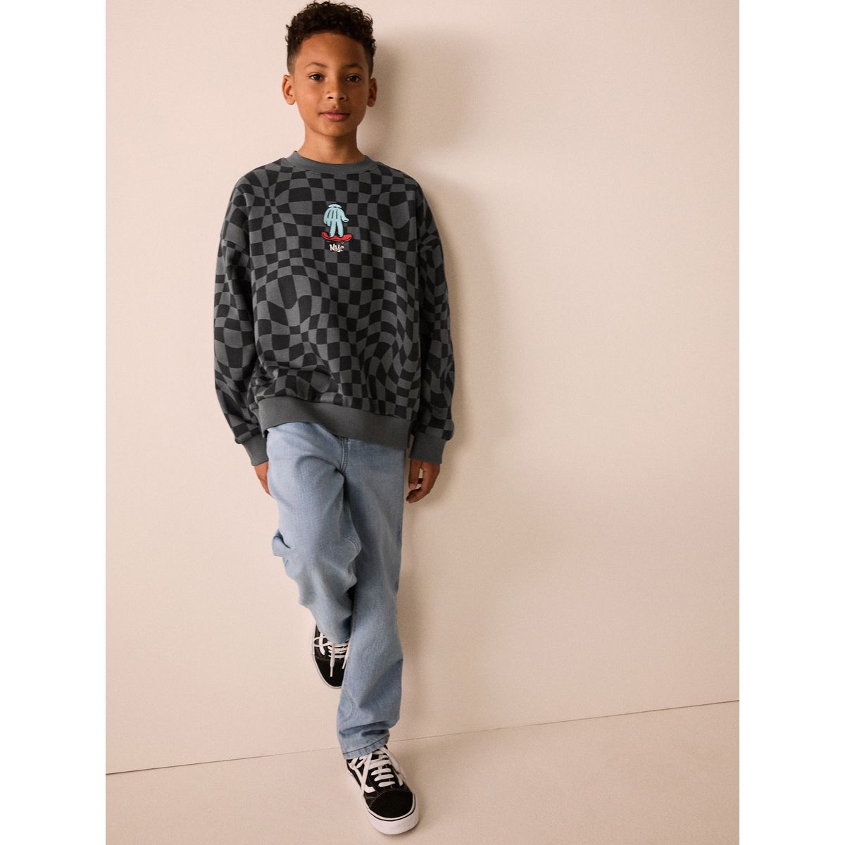 Pull ras du cou à motif noir/gris, NEXT