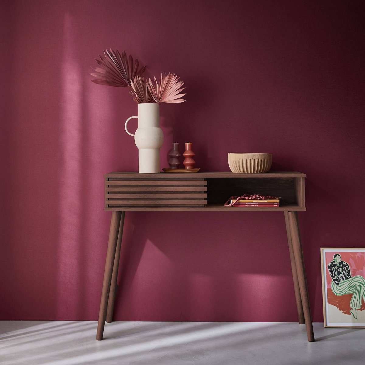 Console scandinave décor bois avec porte coulissante rainurée MADERE naturel, SWEEEK