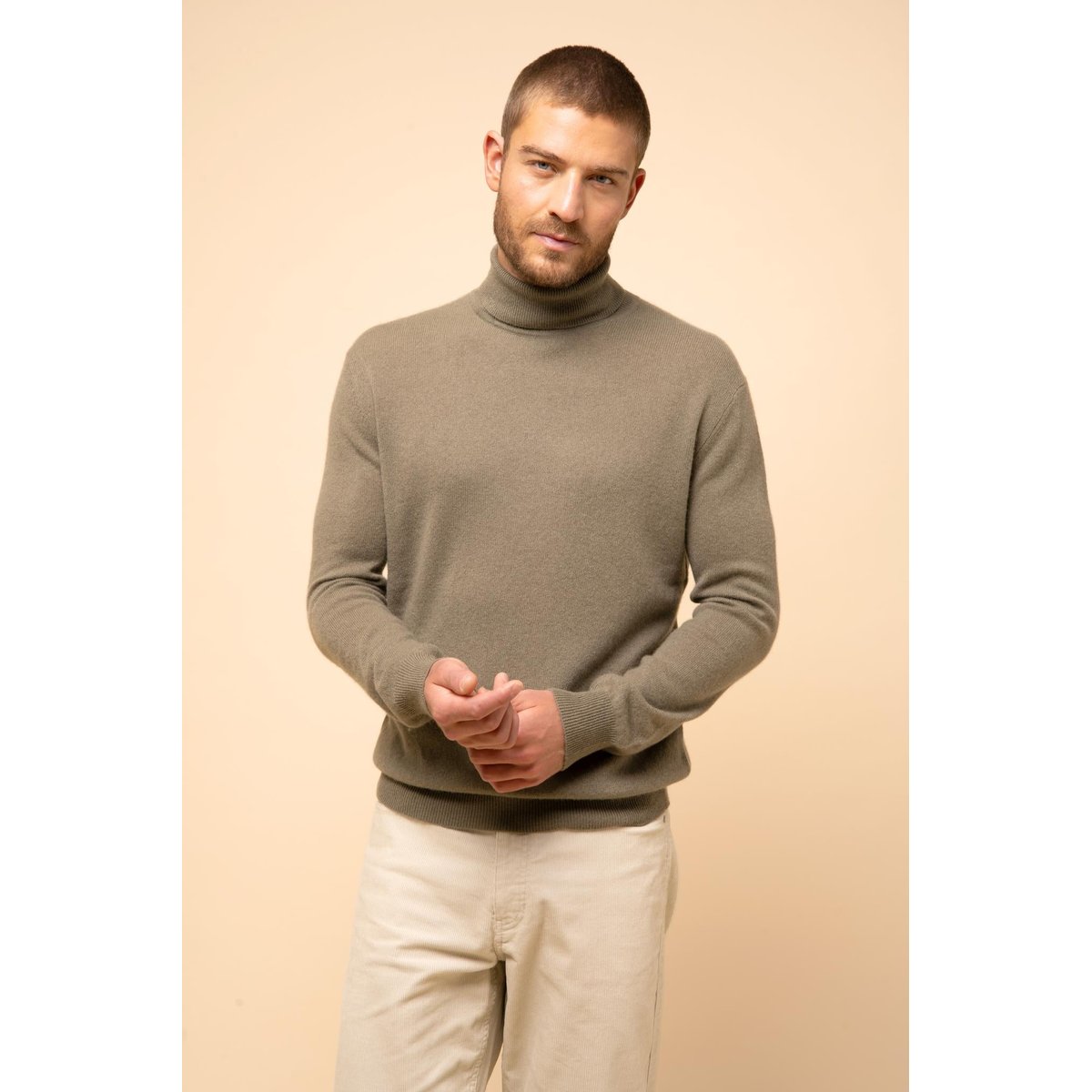 Pull Col Roulé Army Connor kaki, JUST CASHMERE