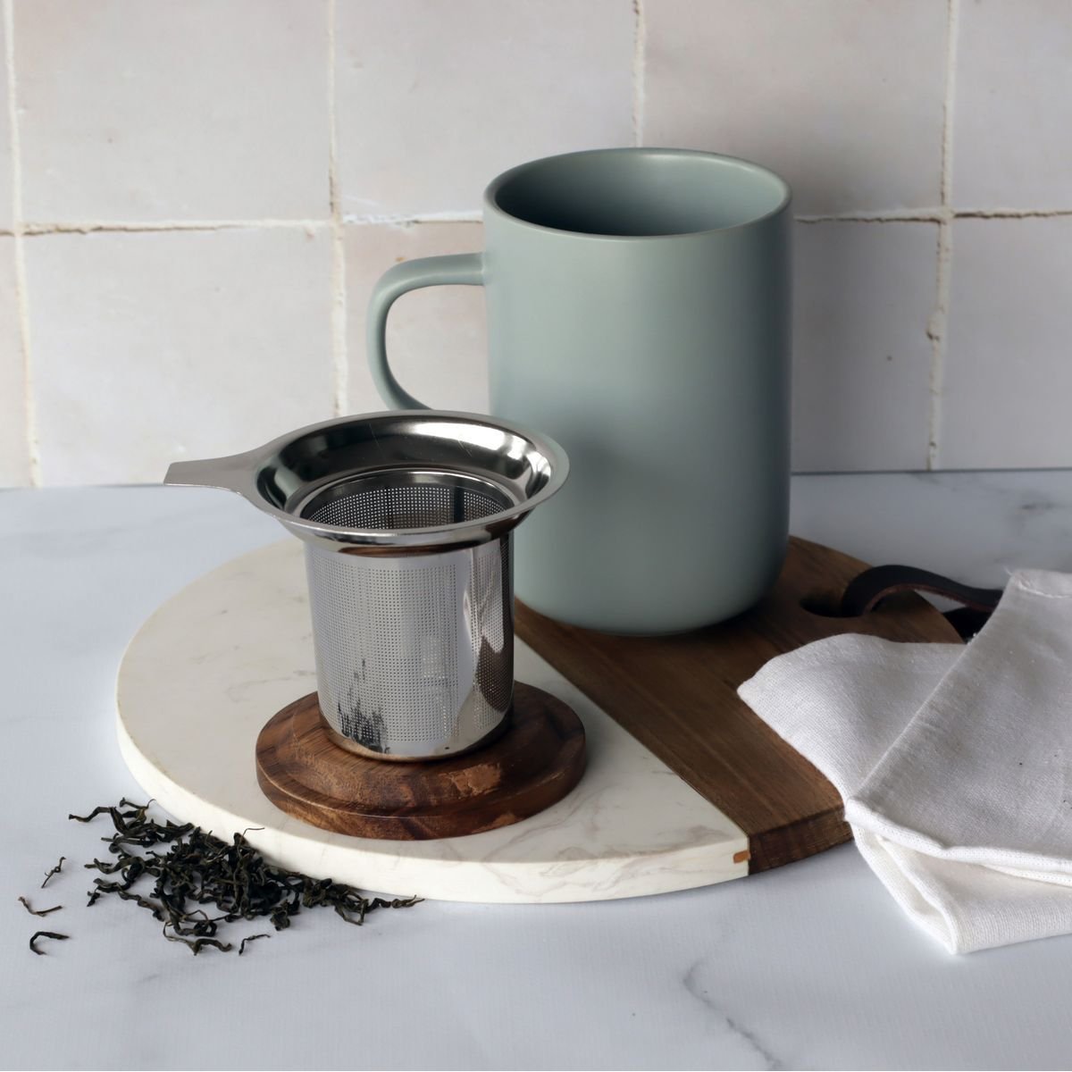 Tisanière en grès avec couvercle en bois d'acacia 475ml, JULIET blanc, OGO LIVING