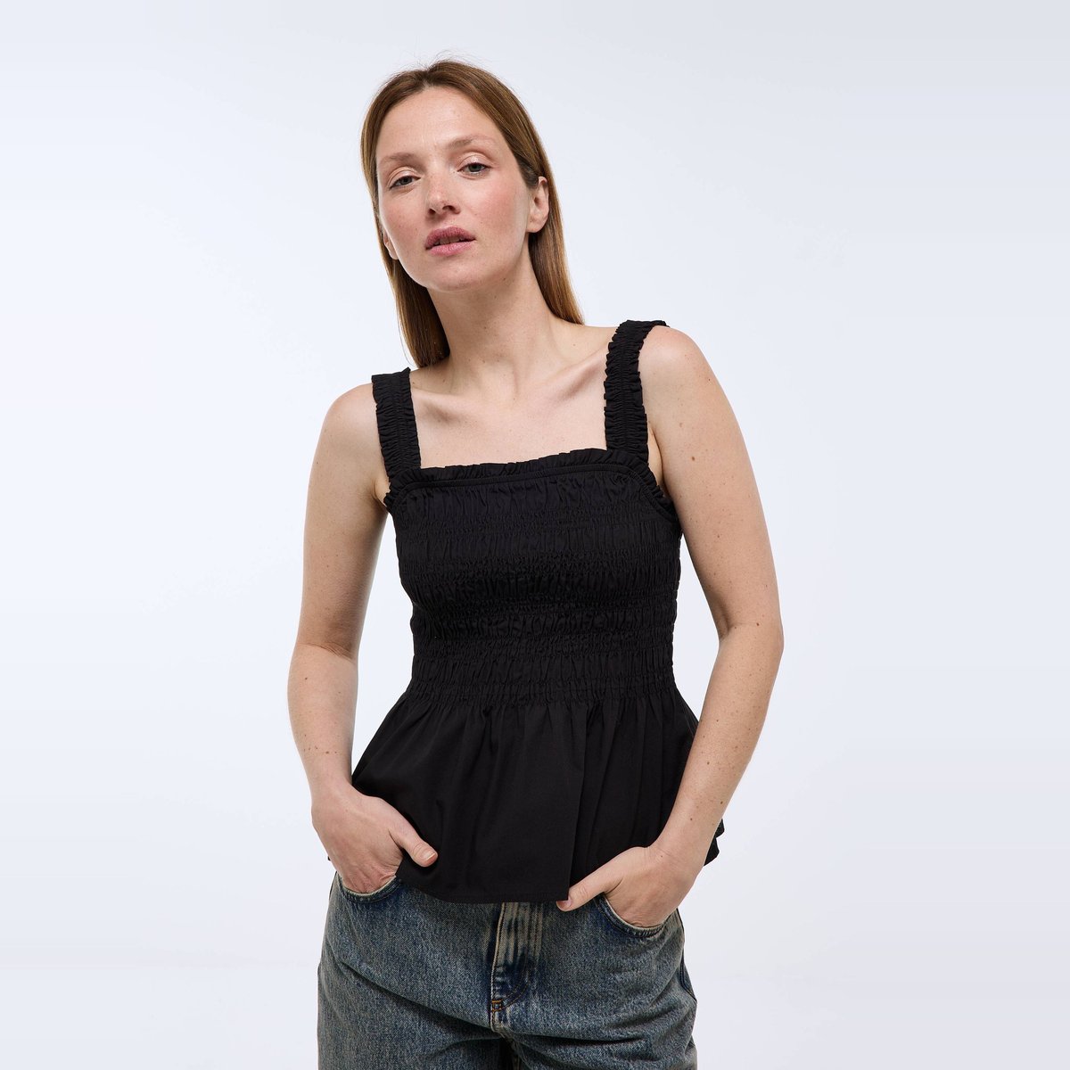 Top smocké en coton BIO GOTS noir, MONOPRIX