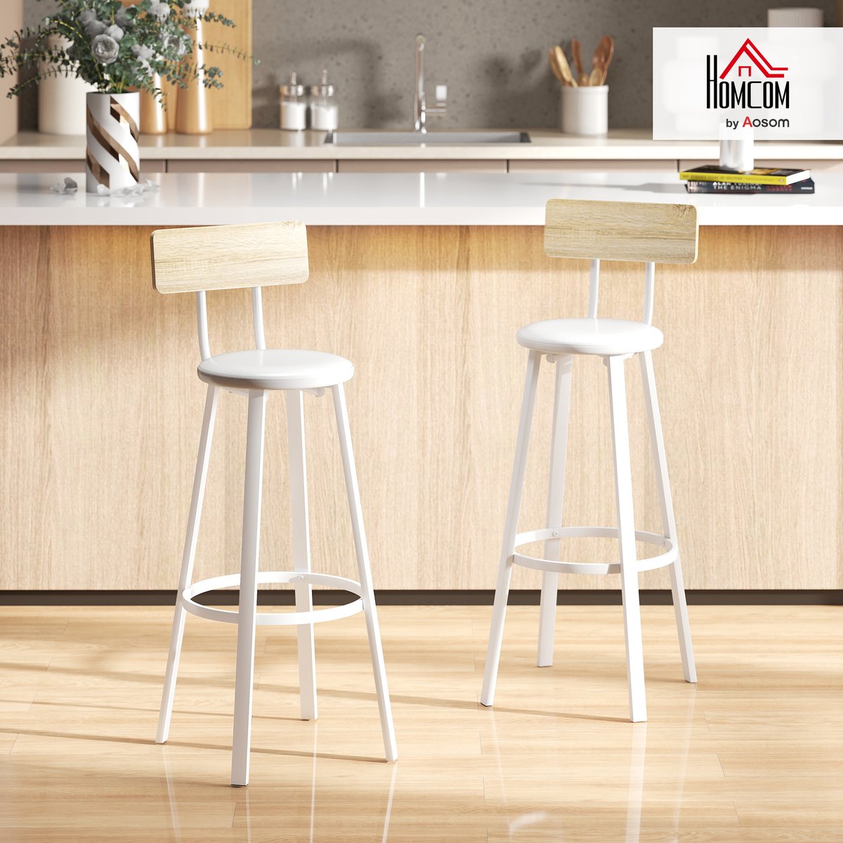 Tabouret de bar Panneau de particules Bois bois naturel et blanc, HOMCOM