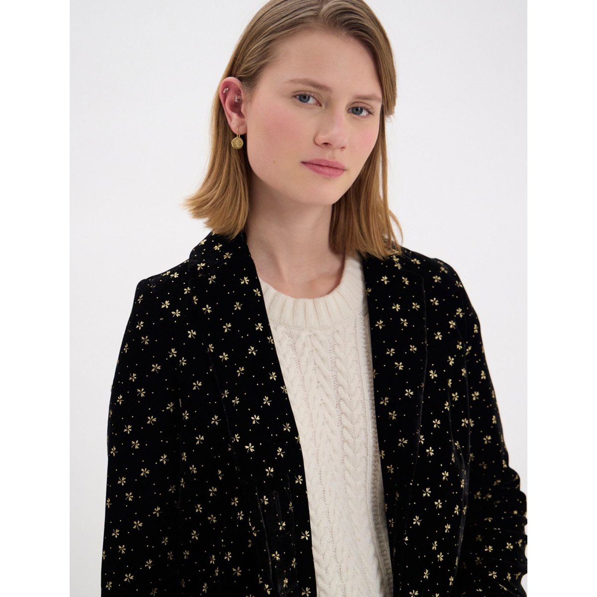 Manteau en velours lisse imprimé doré franck noir, INES DE LA FRESSANGE PARIS