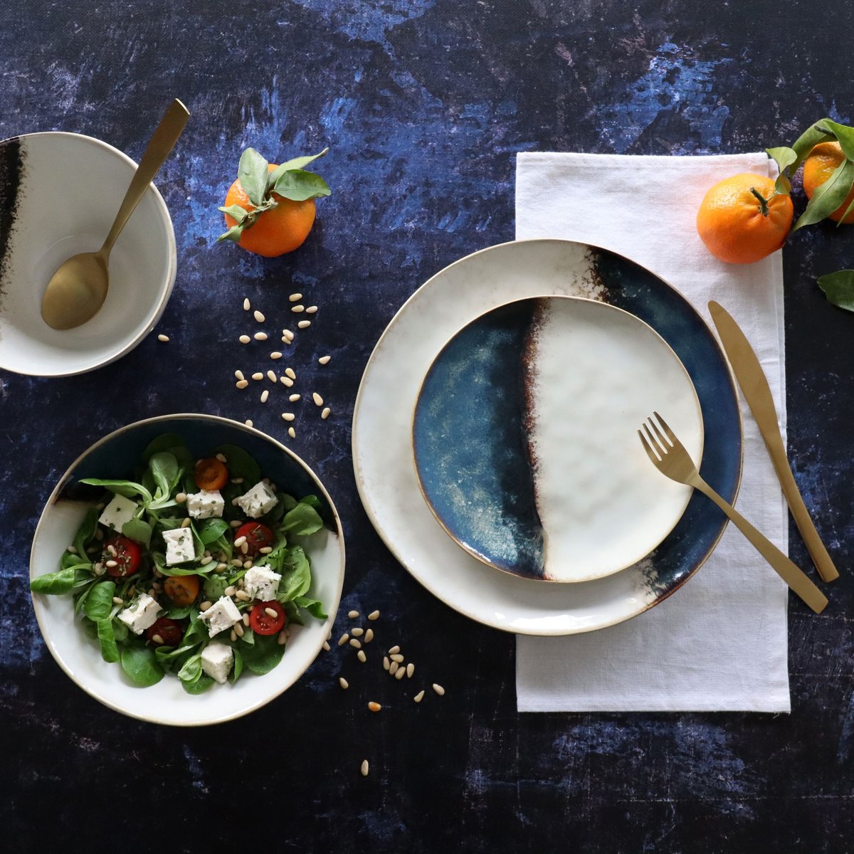 Lot de 6 assiettes plates en grès 27,5cm, KATANGA blanc-bleu, OGO LIVING