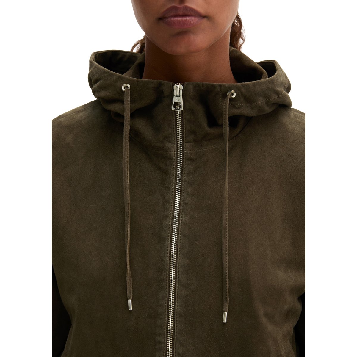 Veste en cuir avec capuche regular en cuir de chèvre velours marron foncé, MARC O'POLO