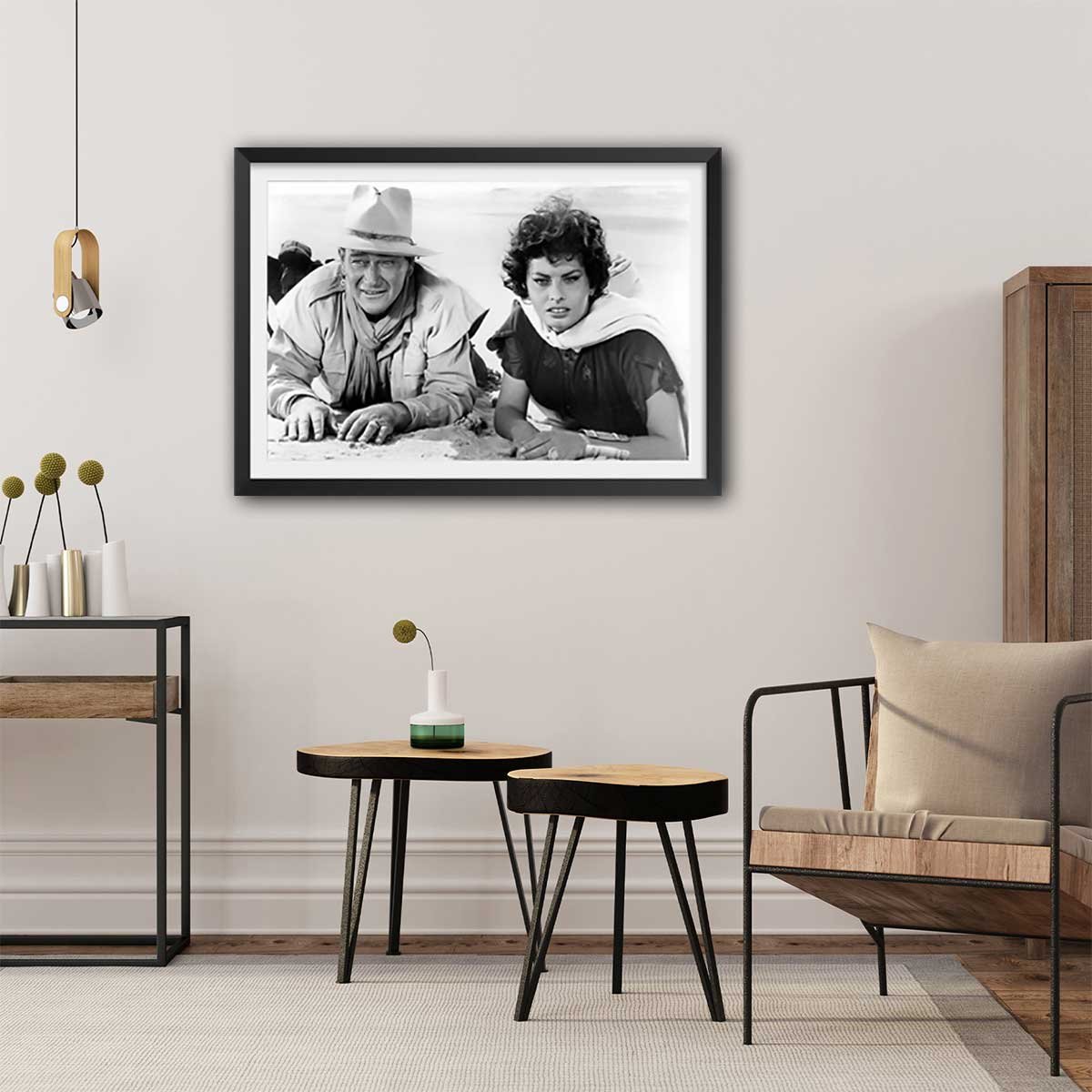 Affiche photo John Wayne et Sophia Loren affiche + cadre en bois - noir, HEXOA