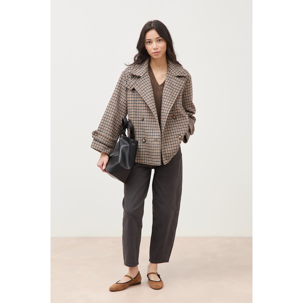 Caban oversize court col tailleur marron, BONOBO