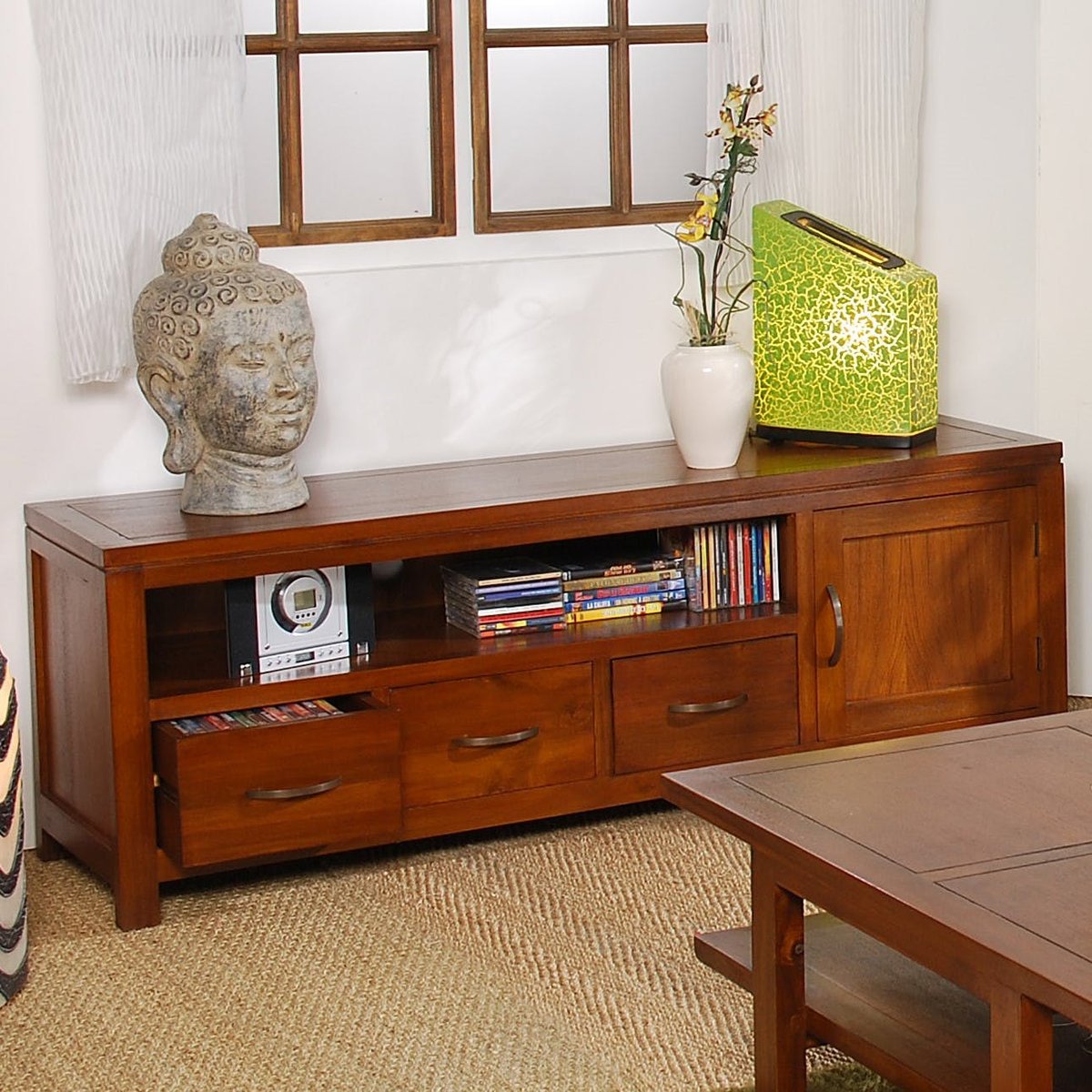Meuble TV 140cm bois exotique verni 1 porte 3 tiroirs 1 niche LOLA bois naturel, PIER IMPORT