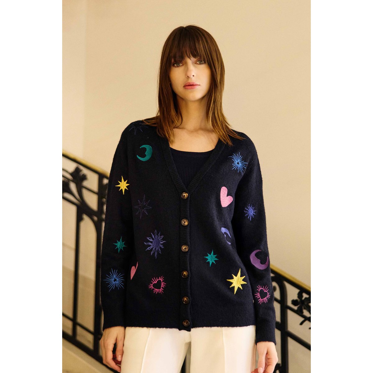 Gilet col rond imprimé broderie MOKA 25-marine, LA PETITE ETOILE