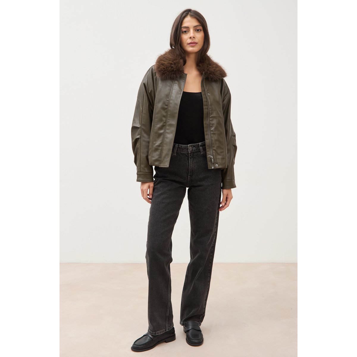 Blouson oversize manches longues vert olive, BONOBO
