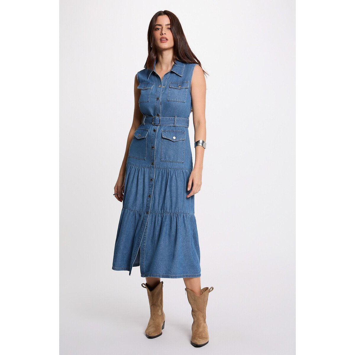Robe longue droite en jean bleu clair, MORGAN
