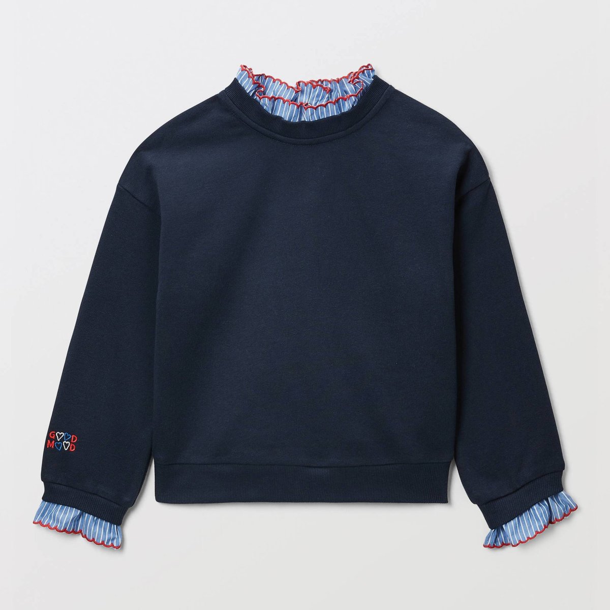 Pull détails col et broderies marine, MONOPRIX