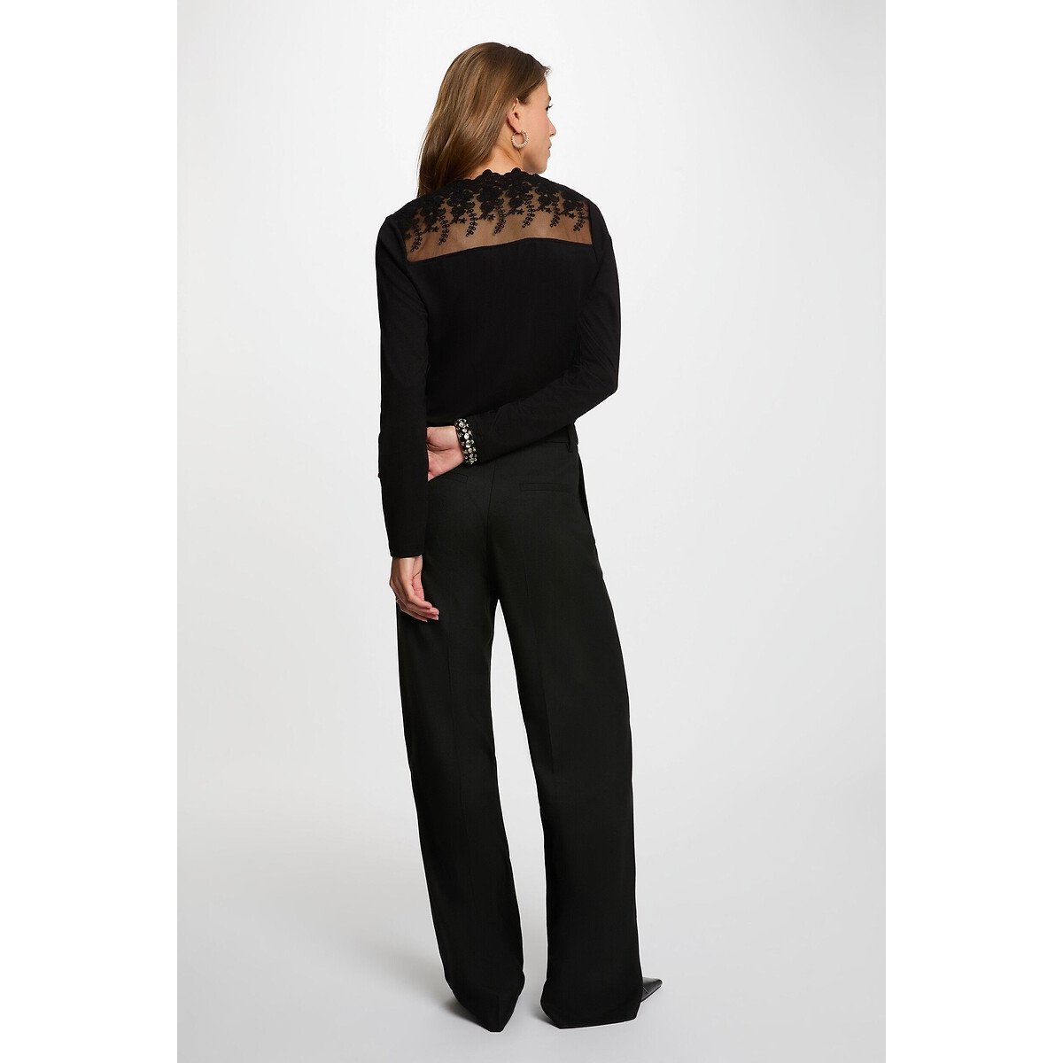 T-shirt col V, en dentelle noir, MORGAN