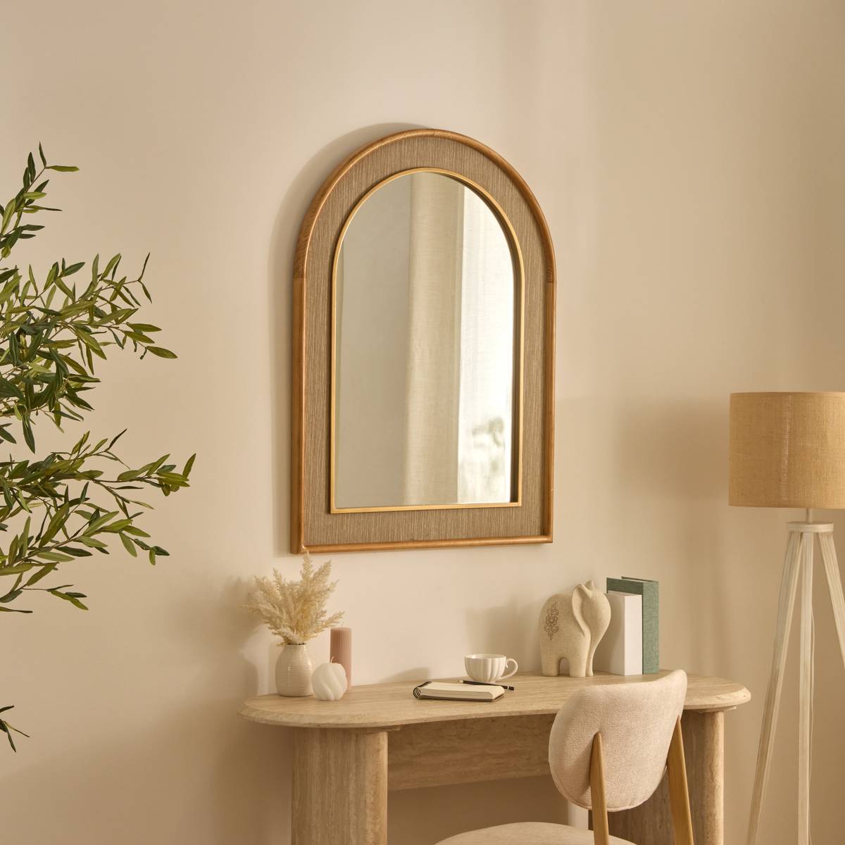 Miroir arche en pin BONNIE beige lin, ATMOSPHERA