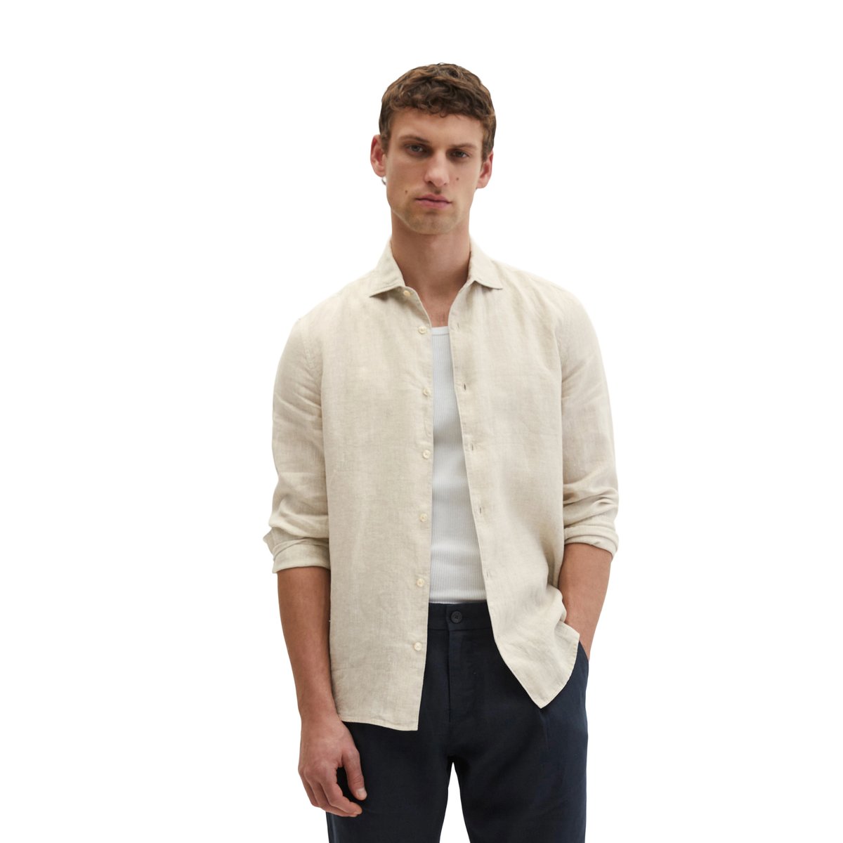 Chemise à col requin shaped en chambray de lin fin beige, MARC O'POLO