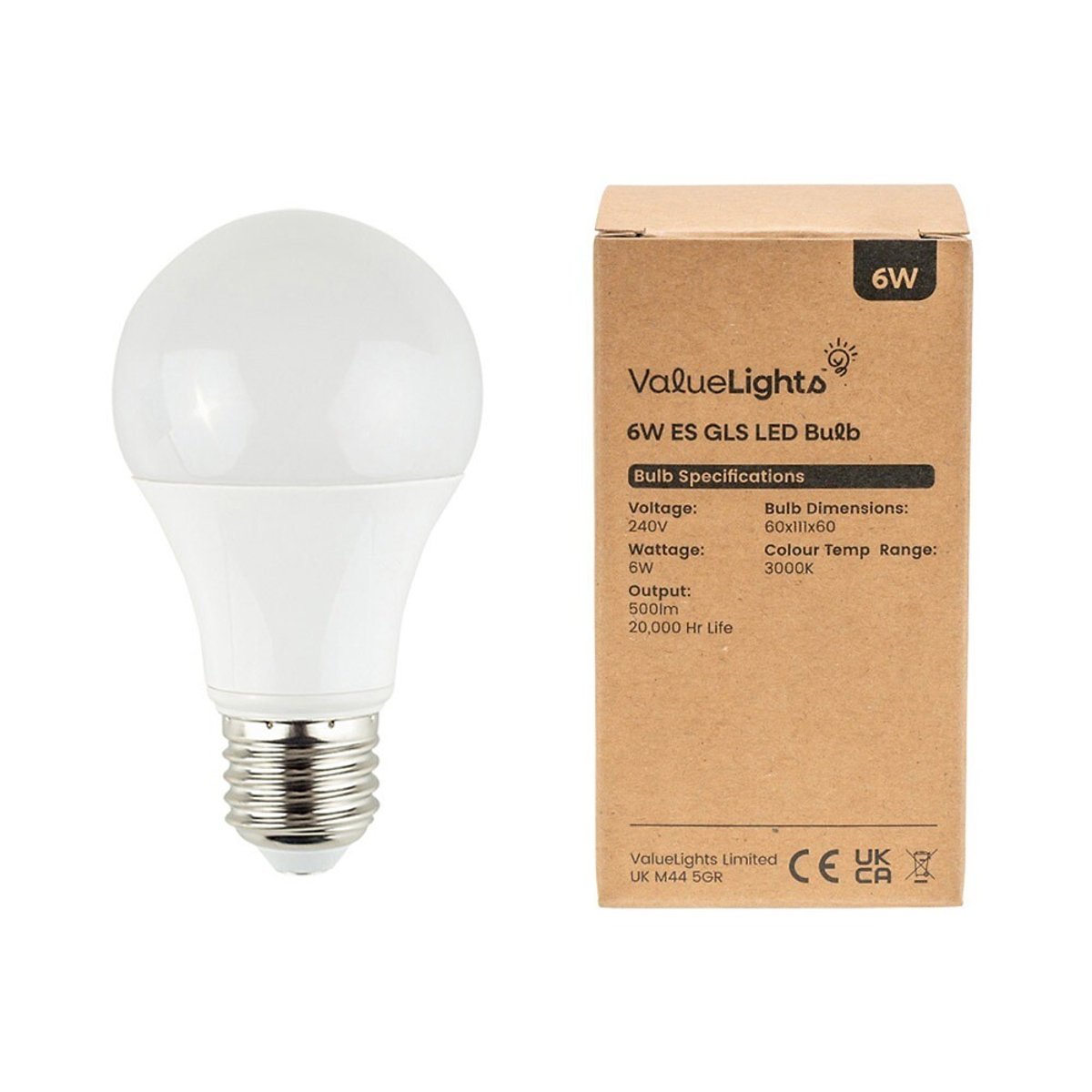 Set of 6 E27 6W LED SMD GLS Bulbs in Warm White transparent white, MINISUN