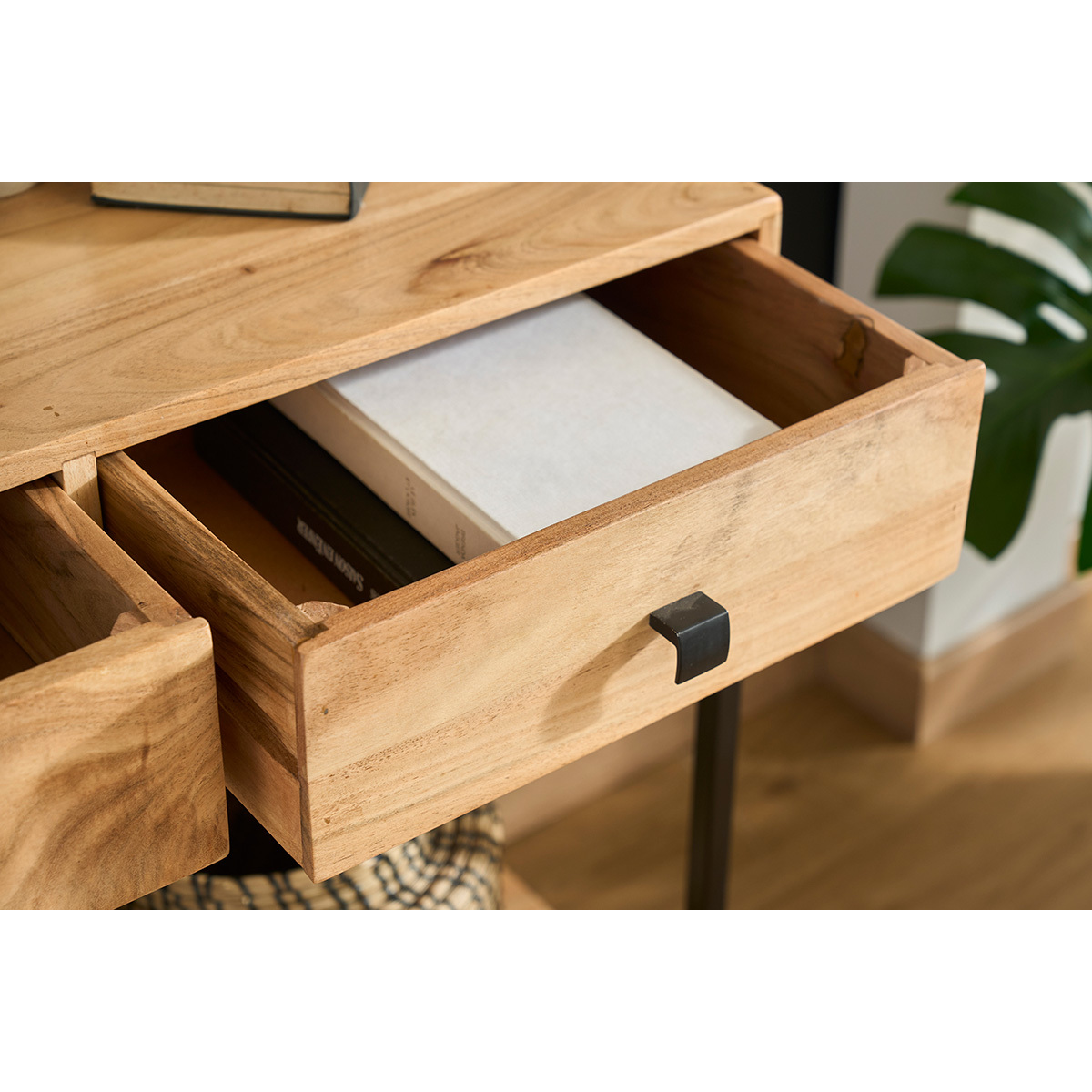 Console avec rangements 2 tiroirs en bois massif et métal noir L80 cm AXELLE bois clair / noir, MILIBOO
