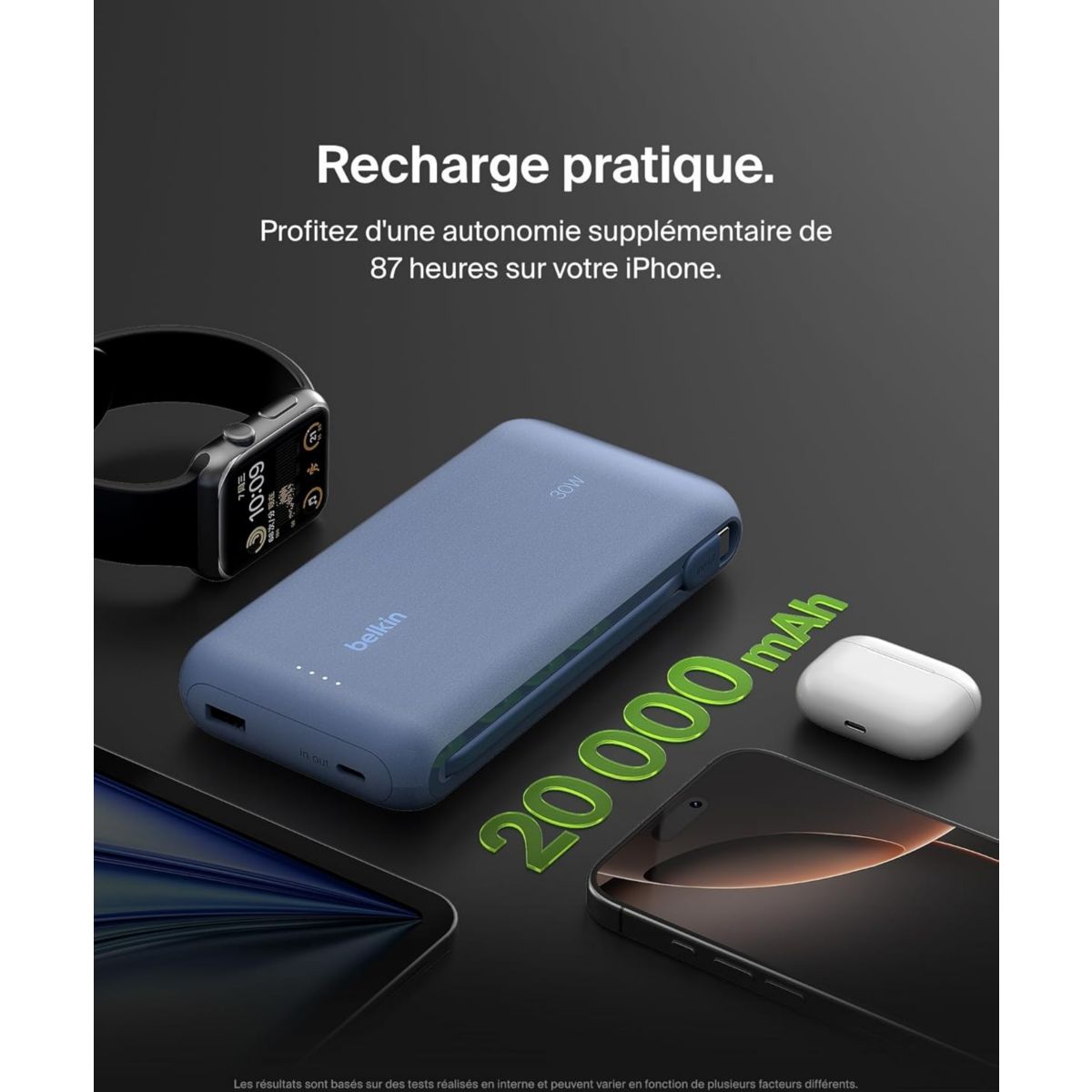 Batterie externe 20000 mAh avec cable USB-C intégre bleu couleur unique, BELKIN