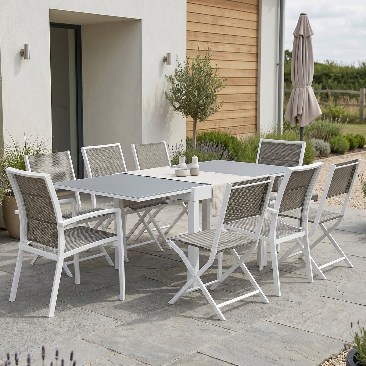 Ensemble en aluminium, 4fauteuils et 4 chaises MODULO blanc, WILSA GARDEN