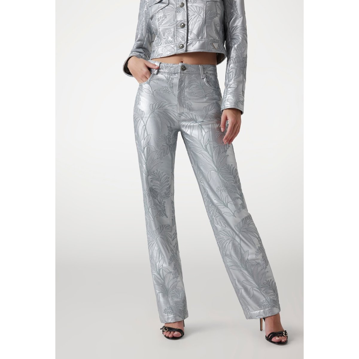 Pantalon Similicuir Brodé argent, GUESS