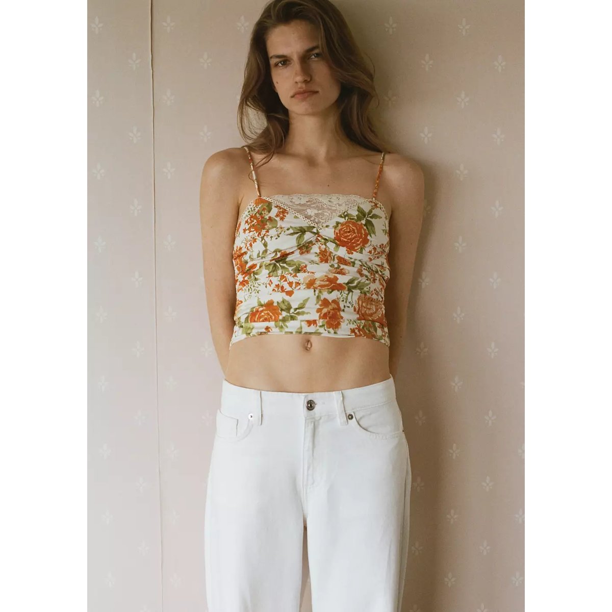 Top drapé à fleurs orange, MANGO