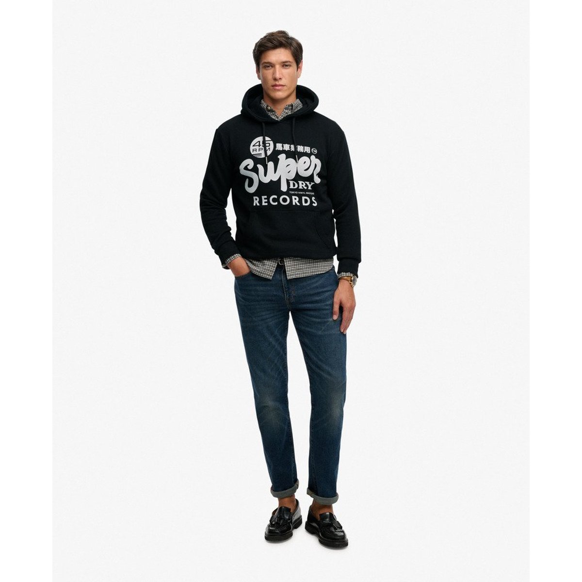 Sweat à capuche Records coupe décontractée noir, SUPERDRY