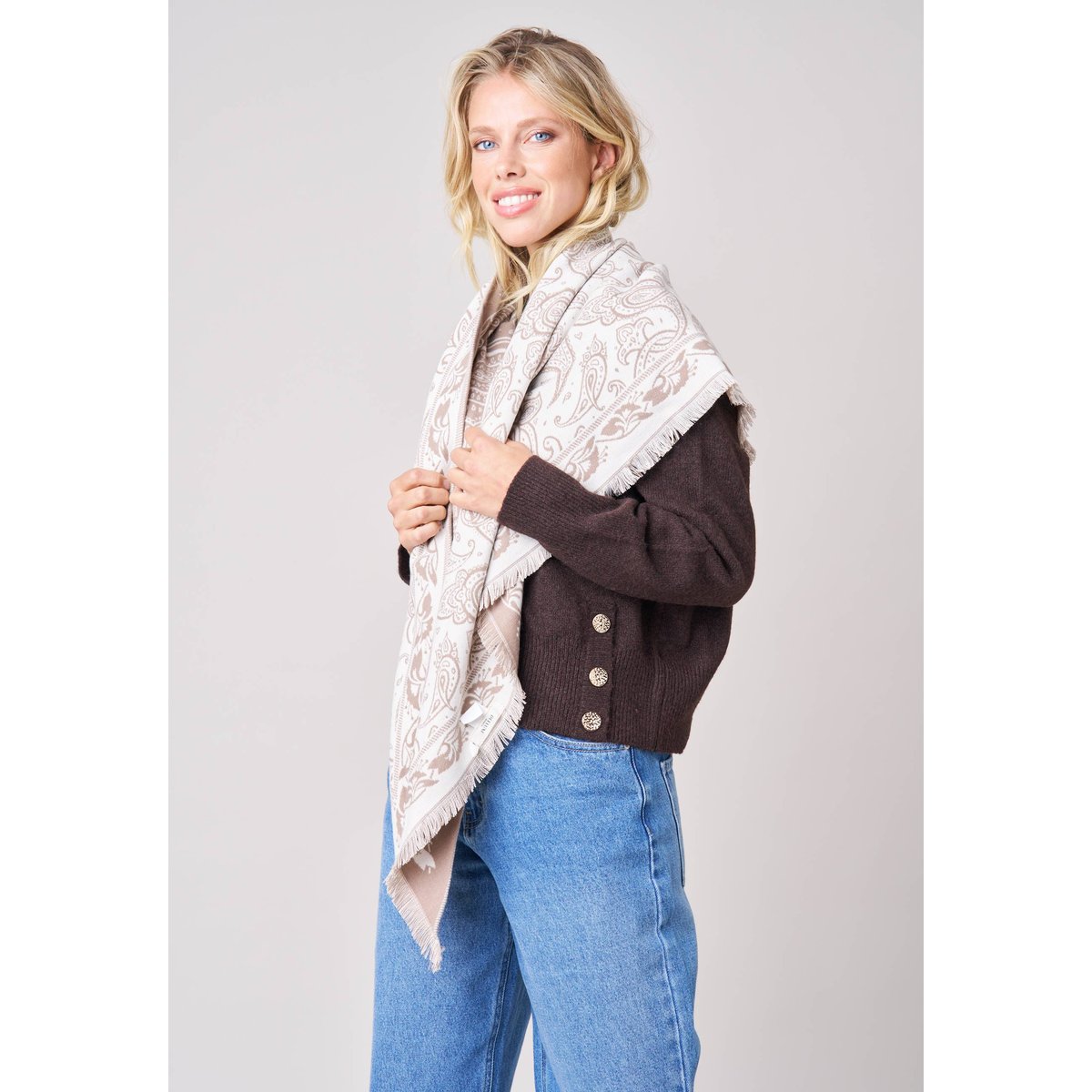 Foulard femme avec franges imprimé SYBILLE beige, DEELUXE